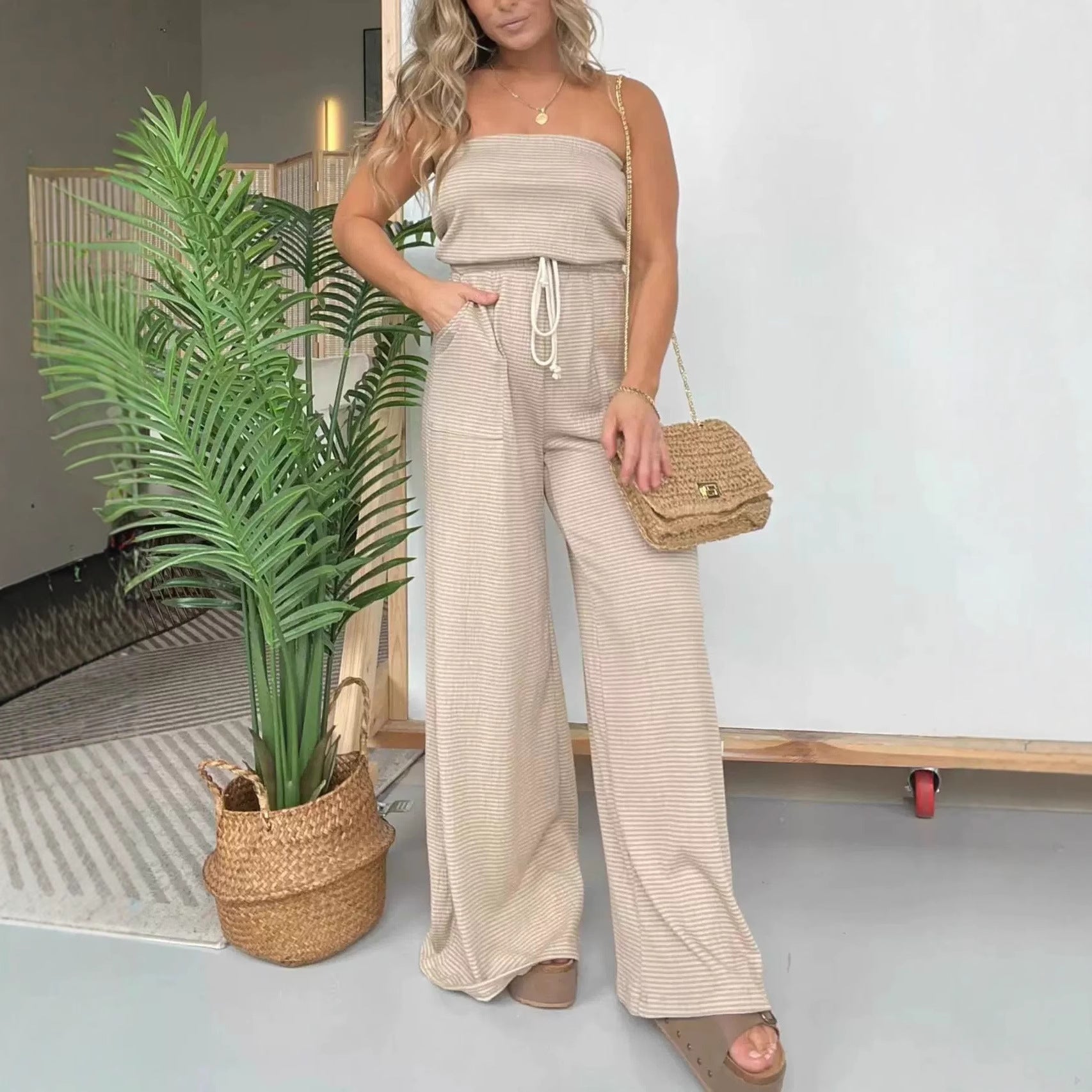 Women’s Striped Tube Top Wide-Leg Jumpsuit – Casual Summer Vacation Style
