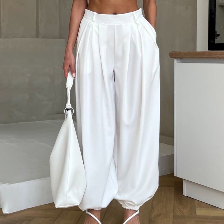 Women's High-Waisted Jogger Trousers - Loose Fit White Casual Pants