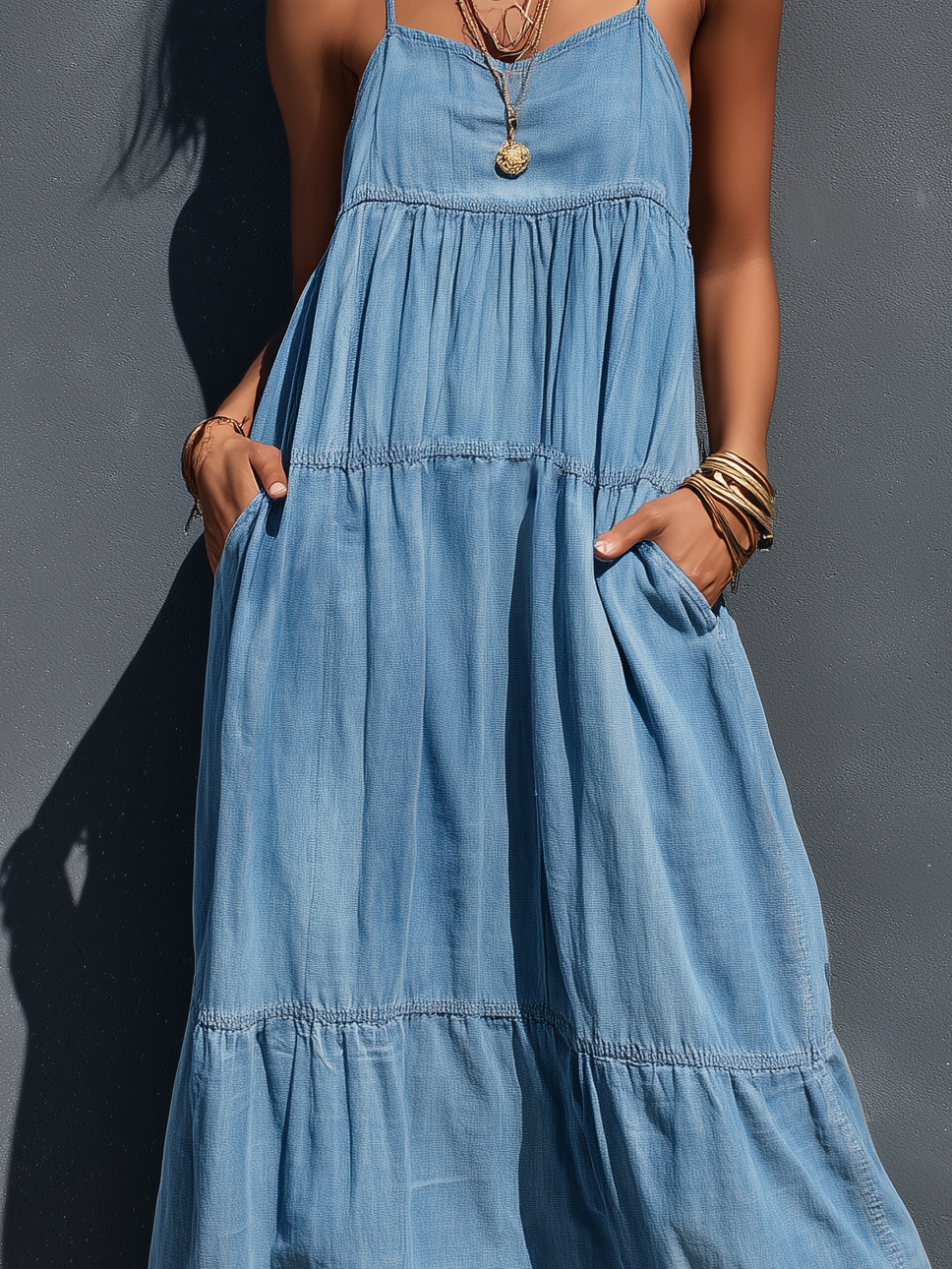 Women's Denim Maxi Dress – Stretch Loose-Fit Suspender Dress