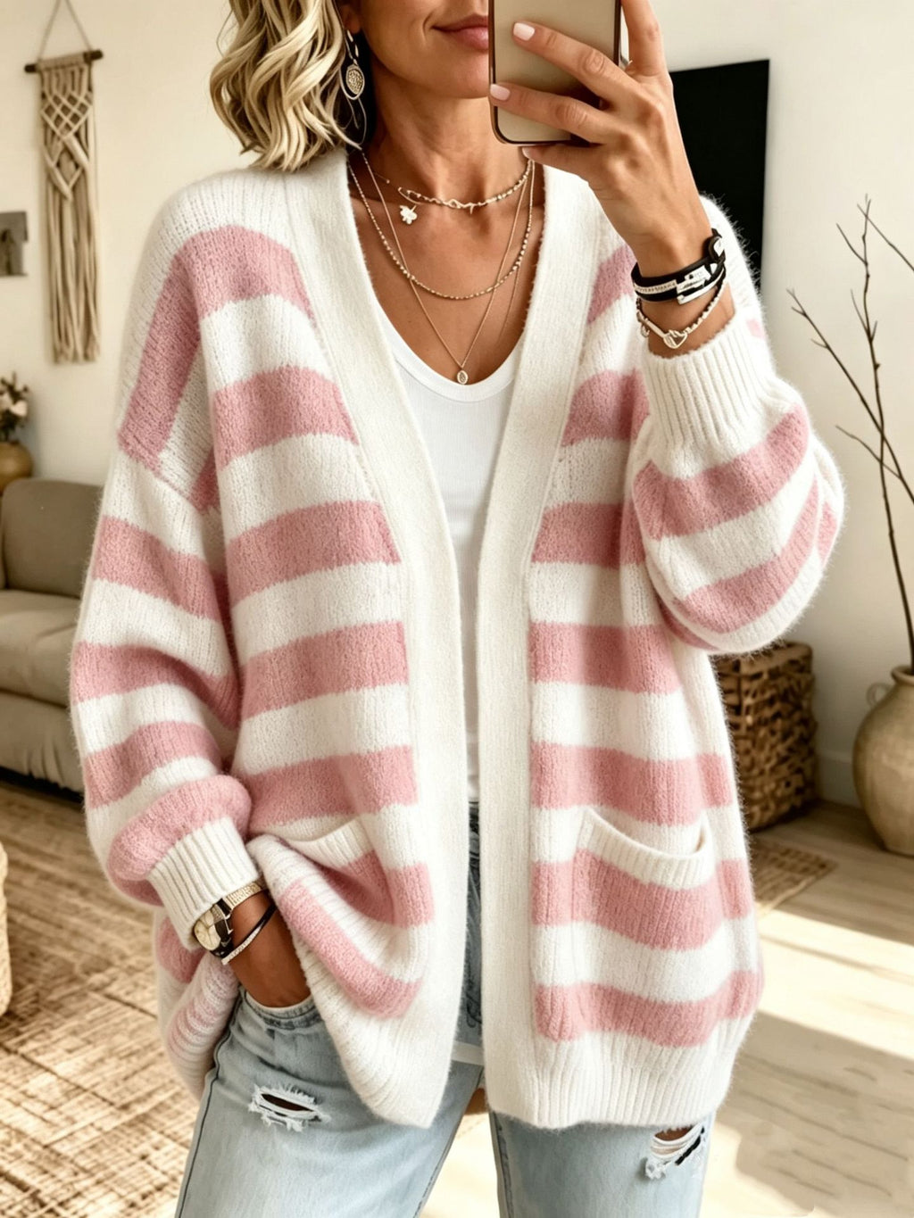 Women's Striped Cardigan Top with Pockets - Cozy Everyday Layer