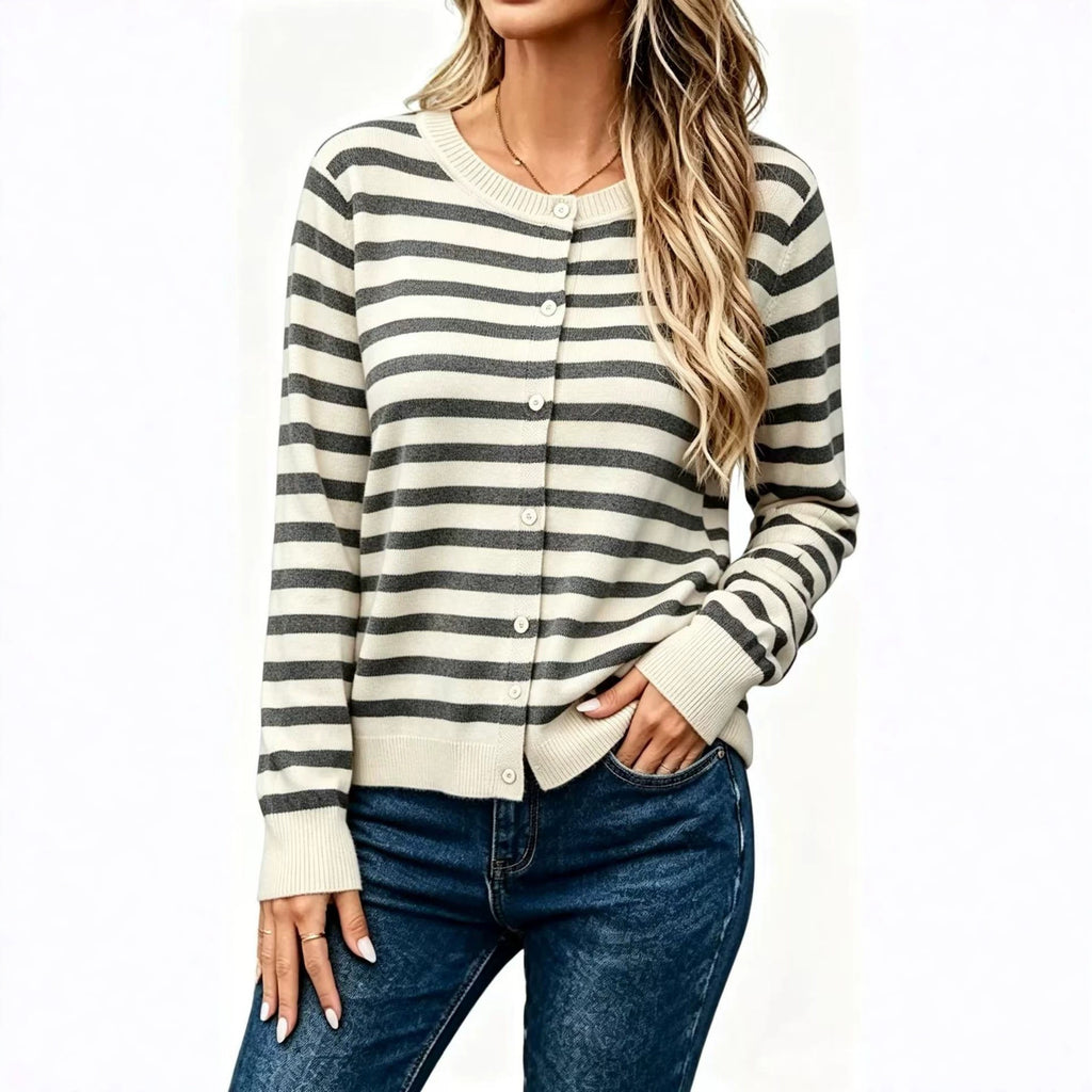 Women’s Long Sleeve Striped Knit Cardigan – Loose-Fit Cozy Casual Style