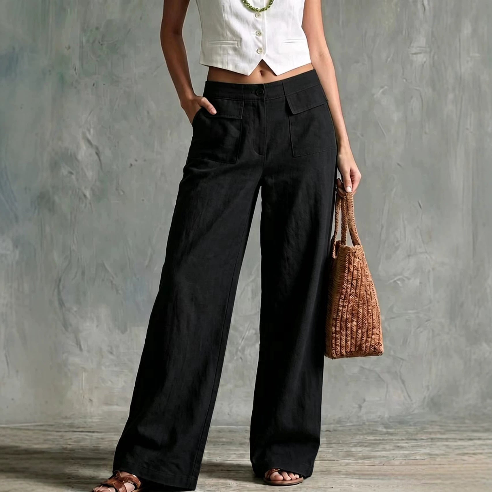 Women's Loose Elastic-Waist Trousers - Casual Wide Leg Everyday Pants