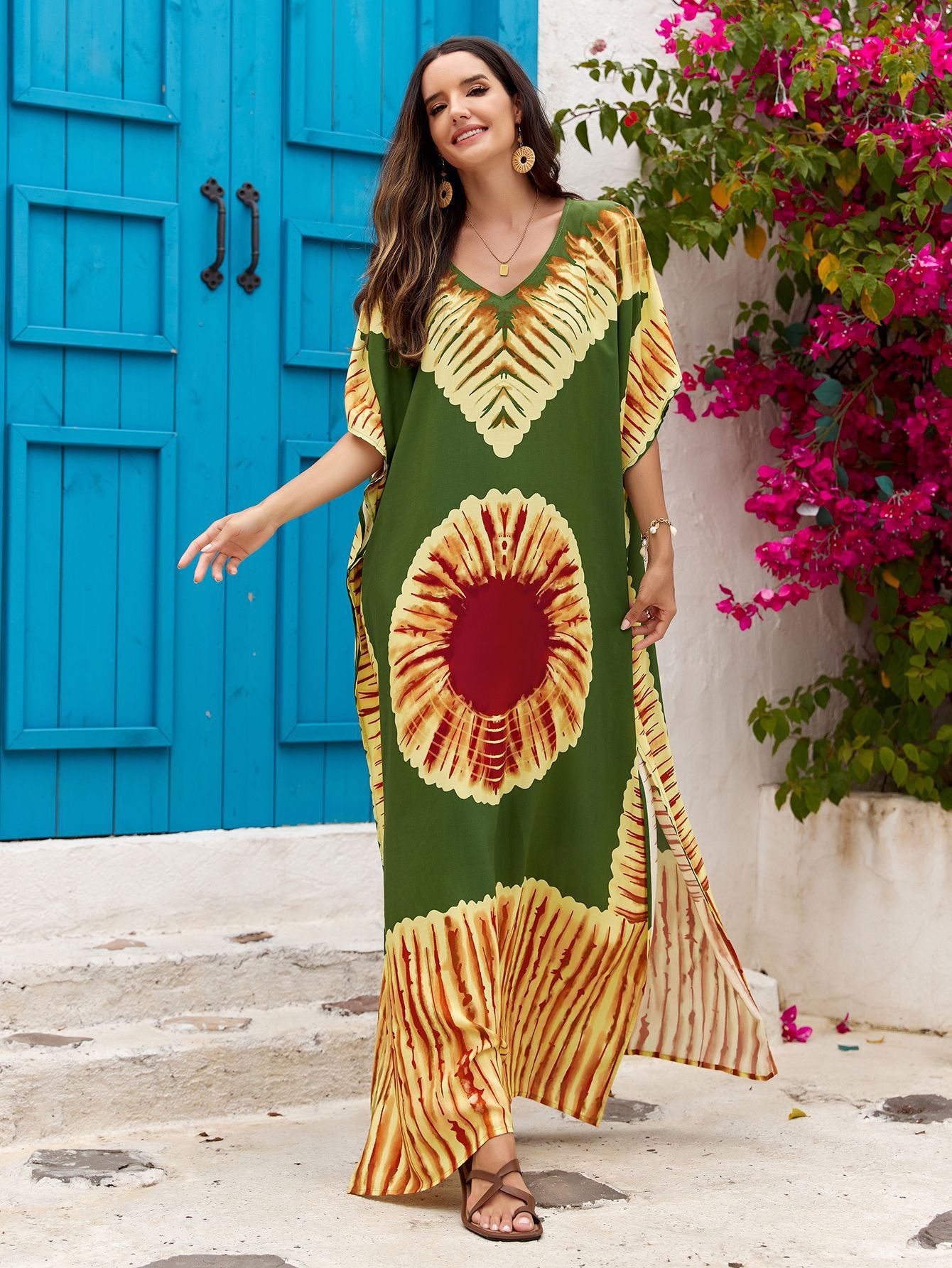 Women's Printed V-Neck Maxi Holiday Dress - Relaxed One Size Daywear