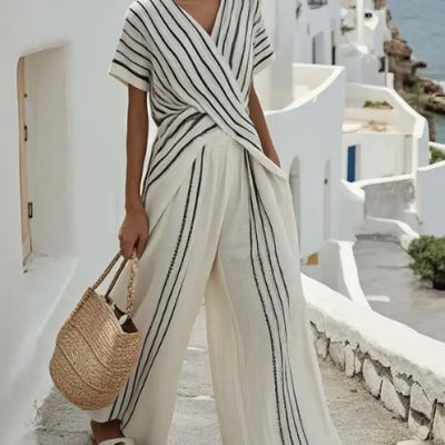 Women’s Crew-Neck Striped Two-Piece Set – Short-Sleeve Top and Straight/Wide-Leg Pants