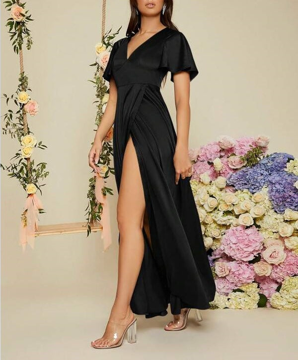 Women's V-Neck Midi Dress – Elegant High-Waist Occasion Style