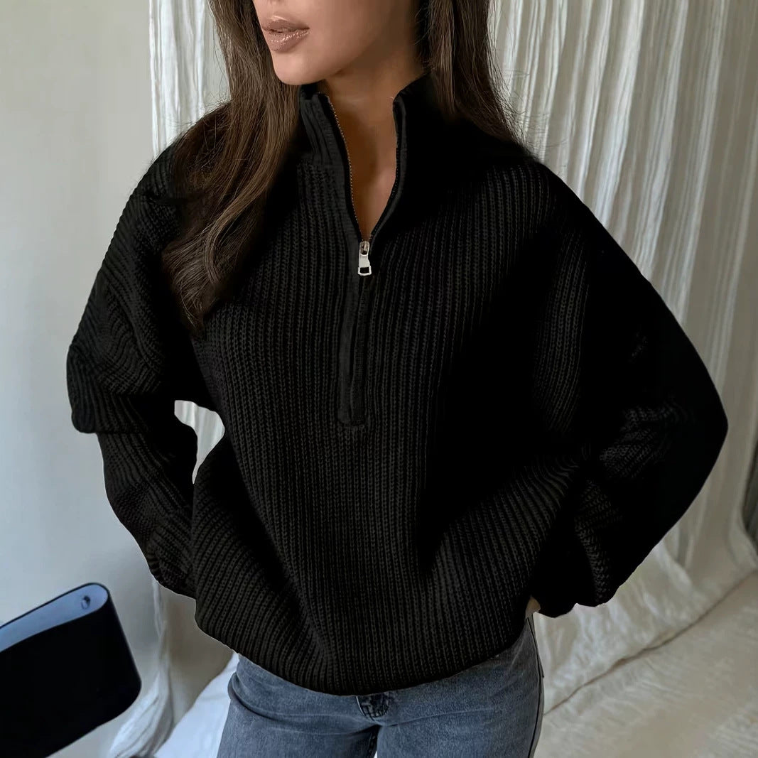 Women's Zip-Up Knit Pullover - Relaxed Soft Everyday Outerwear