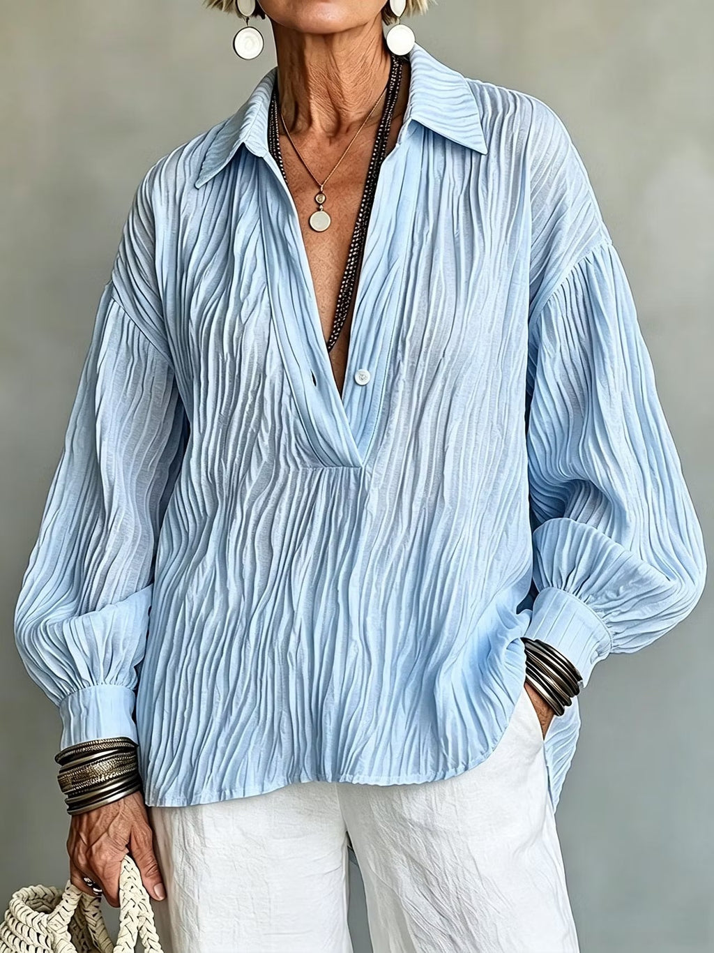 V-Neck Long-Sleeve Shirt - Light and Elegant