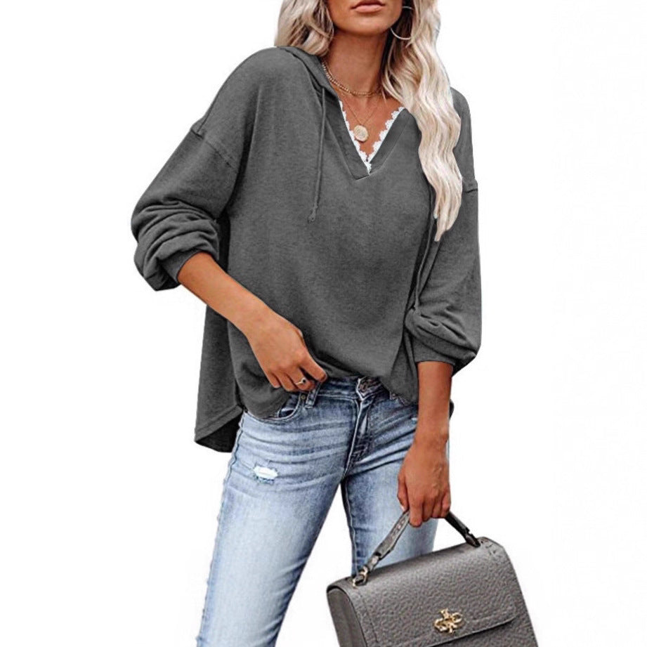 Women's Hooded Lace Sweatshirt - V-Neck Long Sleeve Casual Pullover