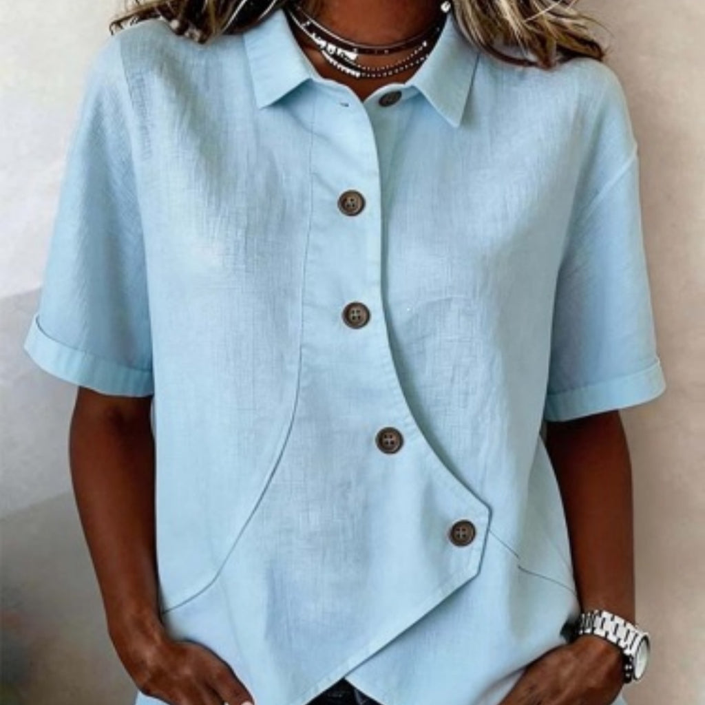 Women's Irregular-Button Blouse – Relaxed Short-Sleeve Everyday Top