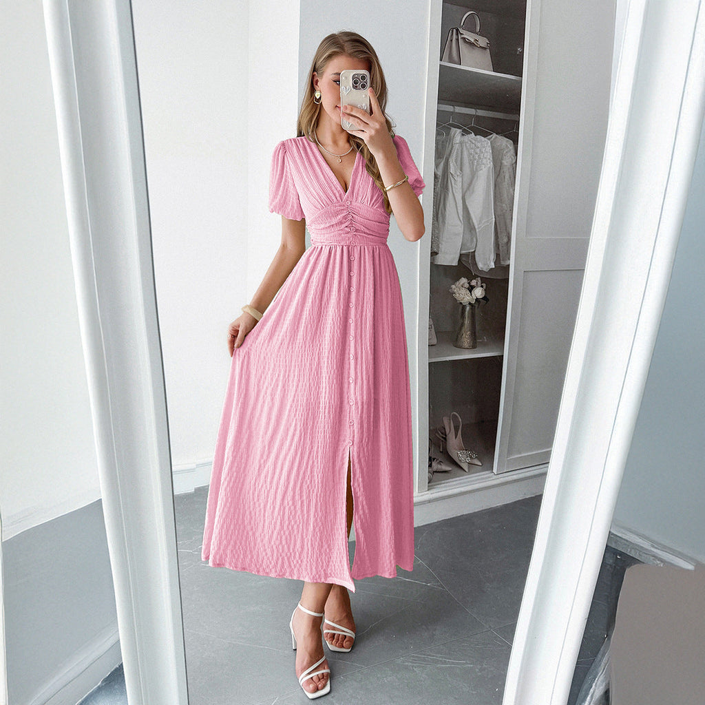 Women's Pleated Deep V-Neck Maxi Dress – Elegant Flowy Summer Dress