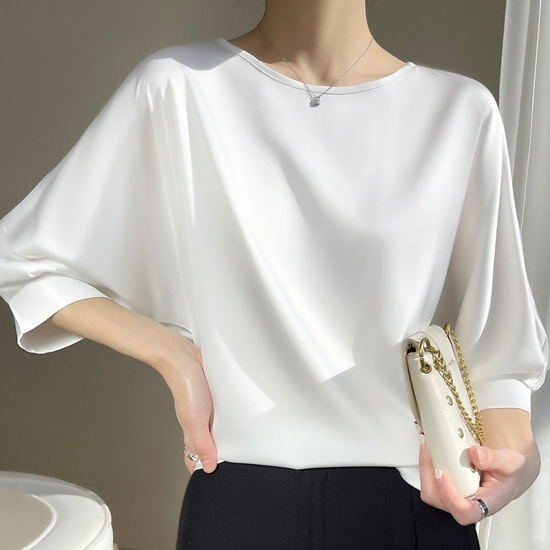 Women's Satin Ice Silk Short Sleeve Blouse – Lightweight Round Neck Top