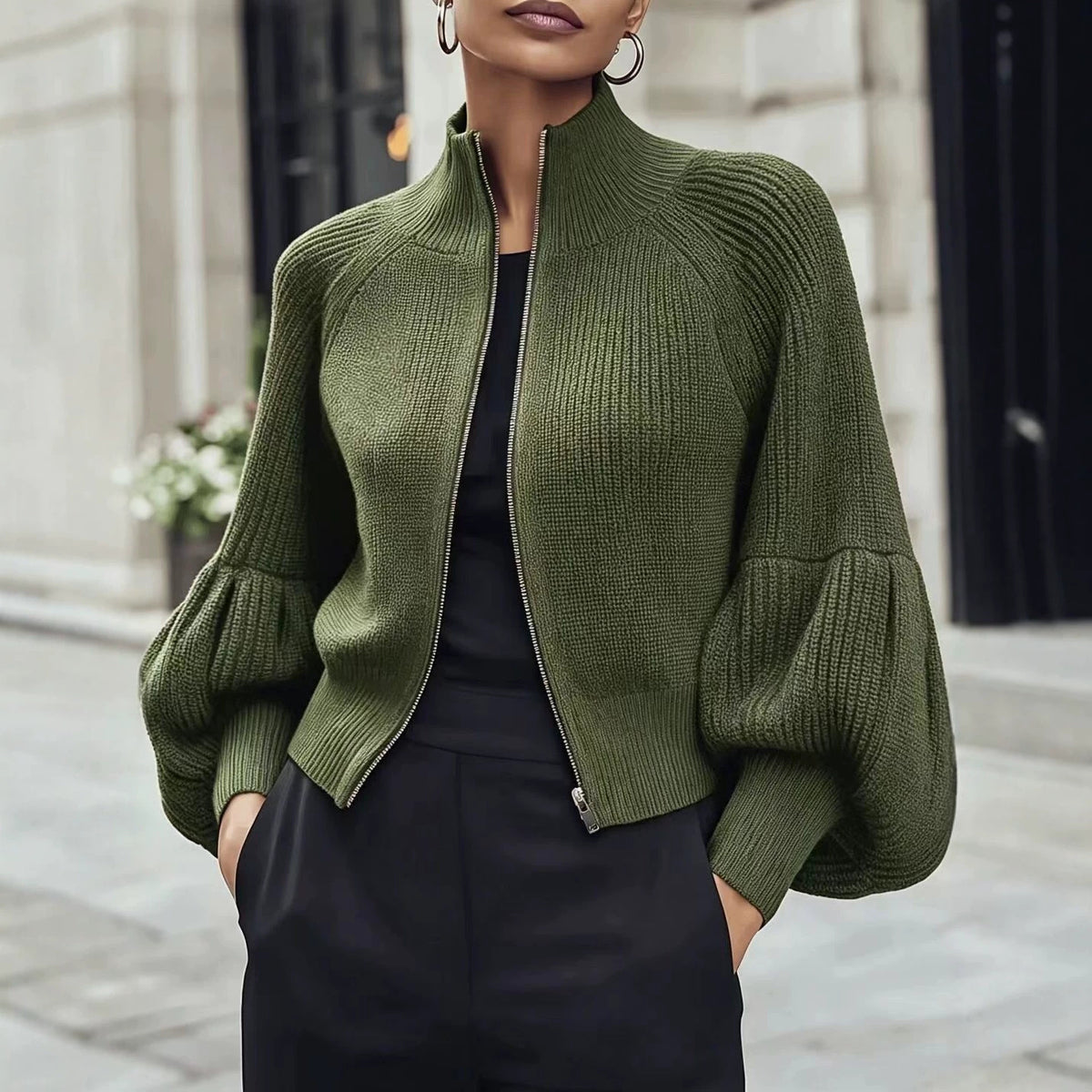 Fluffy Lantern-Sleeve Textured Sweater - Soft and Cozy