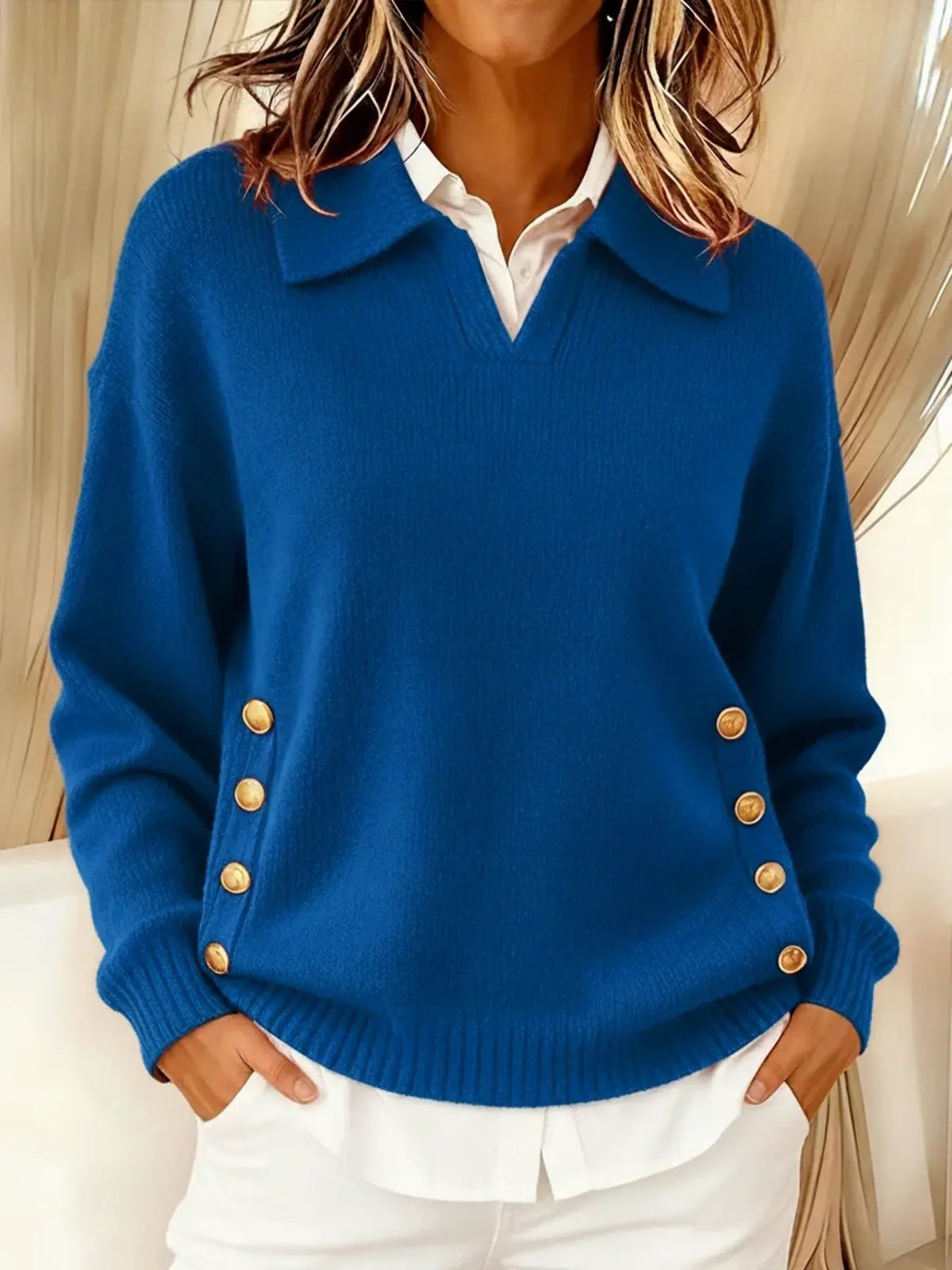 Women's Polo Collar Button Sweater - Simple Soft Everyday Knit