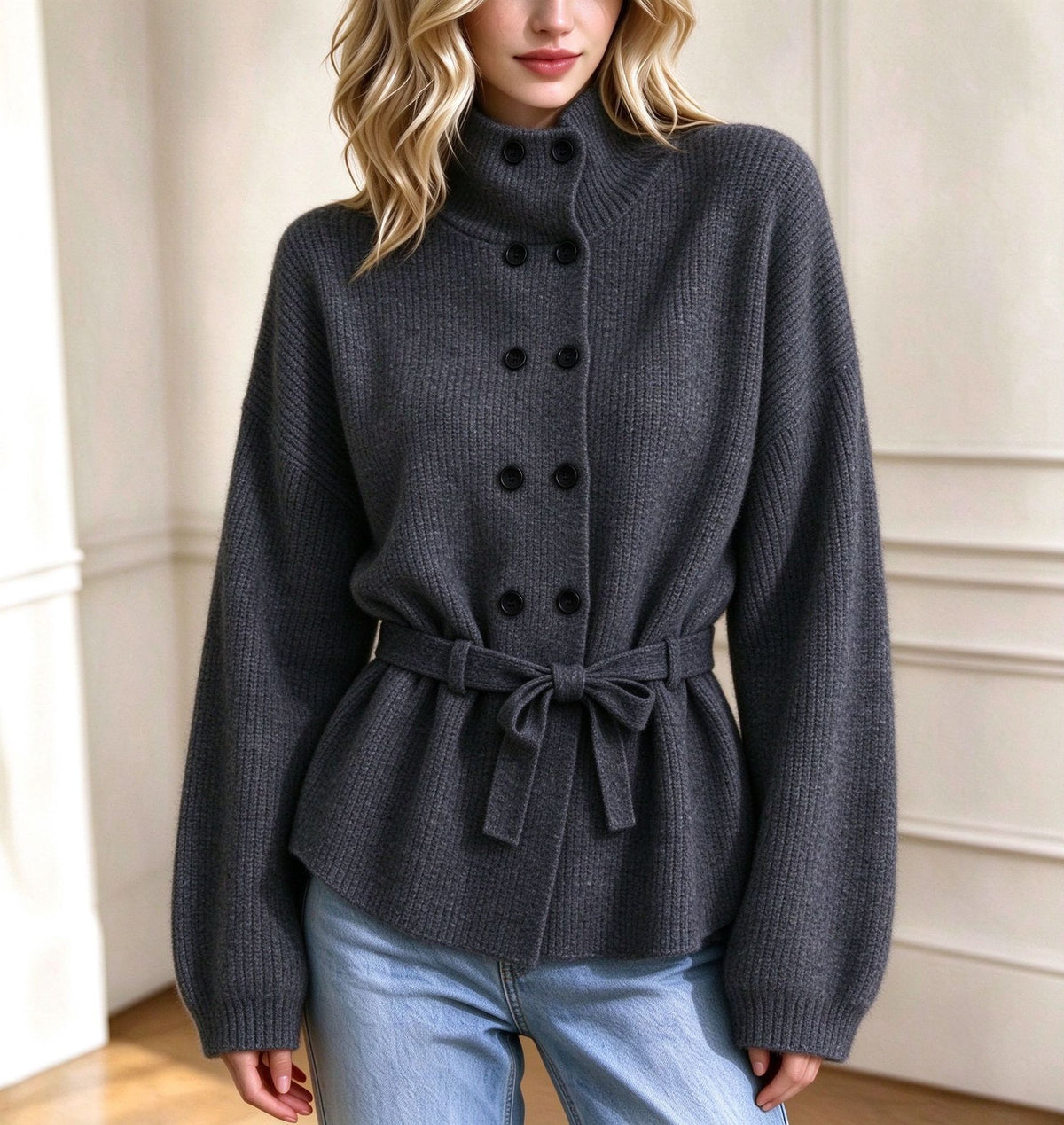 Women’s Double-Breasted Knit Coat – Elegant Long Sleeve Outerwear