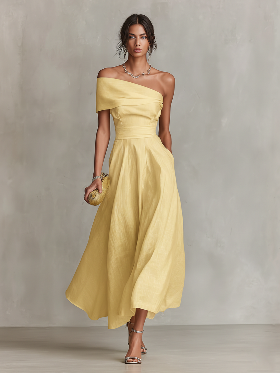 Women's Yellow Linen Midi Dress - One Shoulder Fitted Waist Style