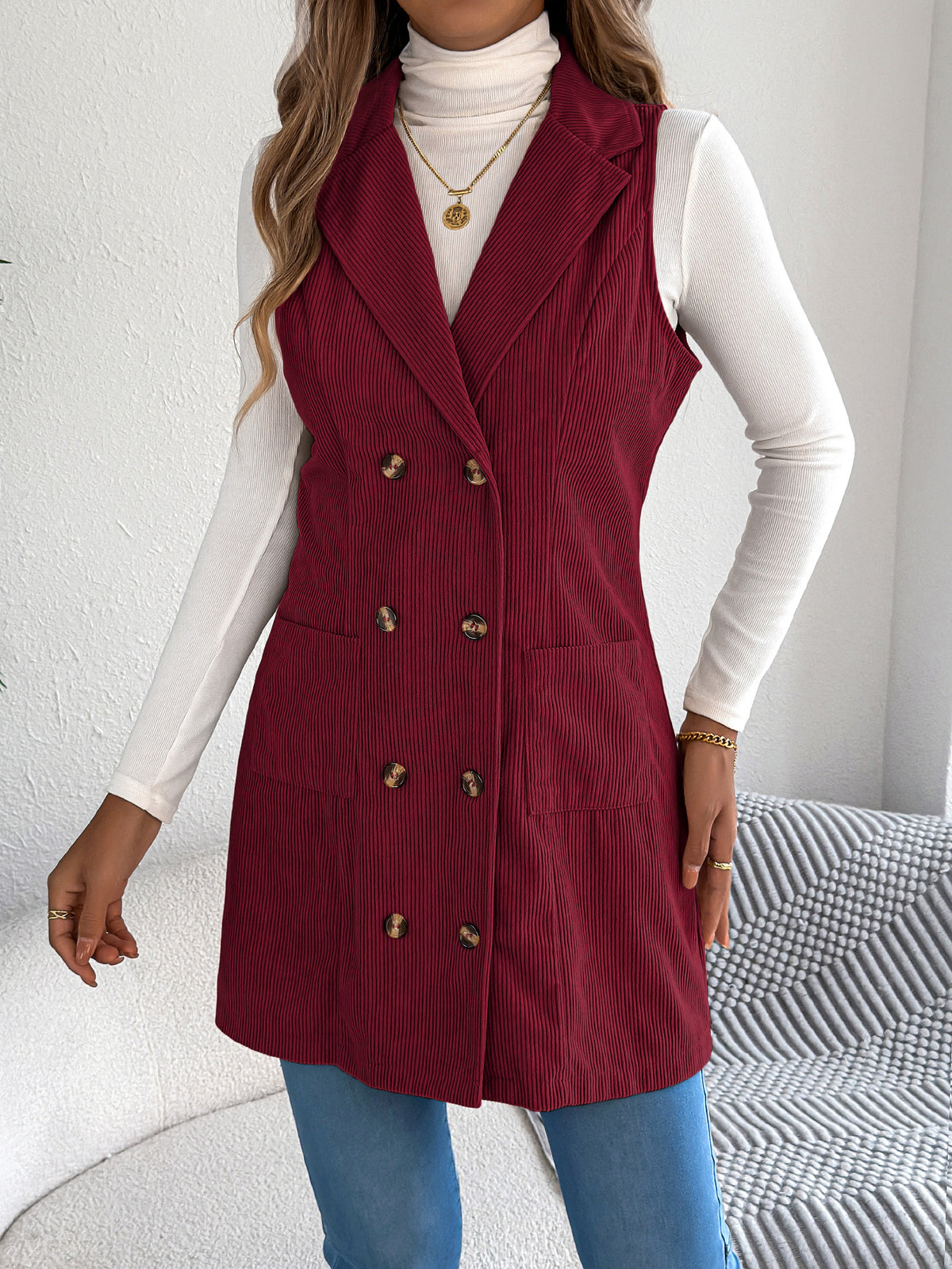 Women’s Solid Color Corduroy Long Vest Jacket – Double-Breasted Pocket Casual Layering Style