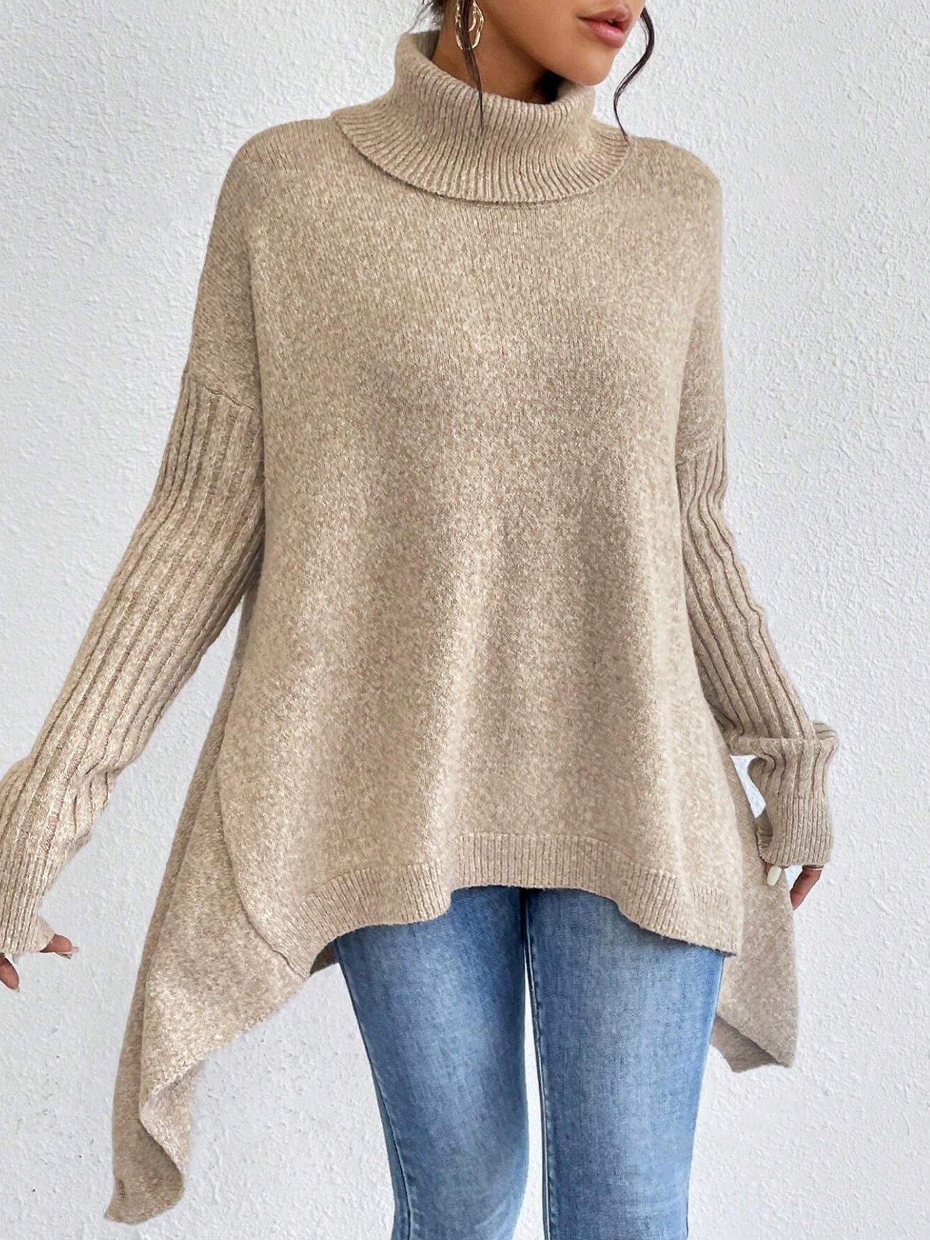 Women’s Irregular Turtleneck Sweater – Loose Knit Long-Sleeve Pullover