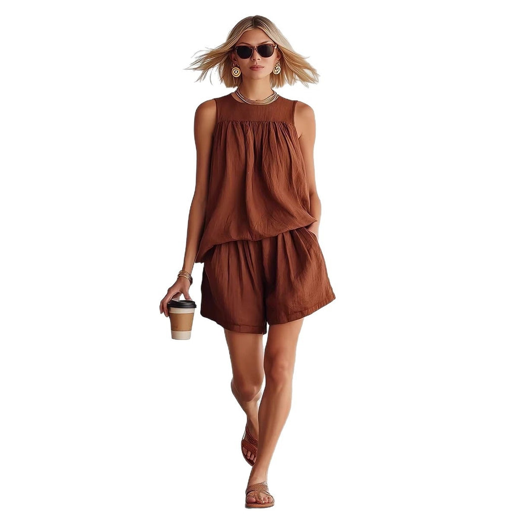 Women's Sleeveless Pleated Top and Wide-Leg Shorts Set – Effortless Summer Co-Ord Style