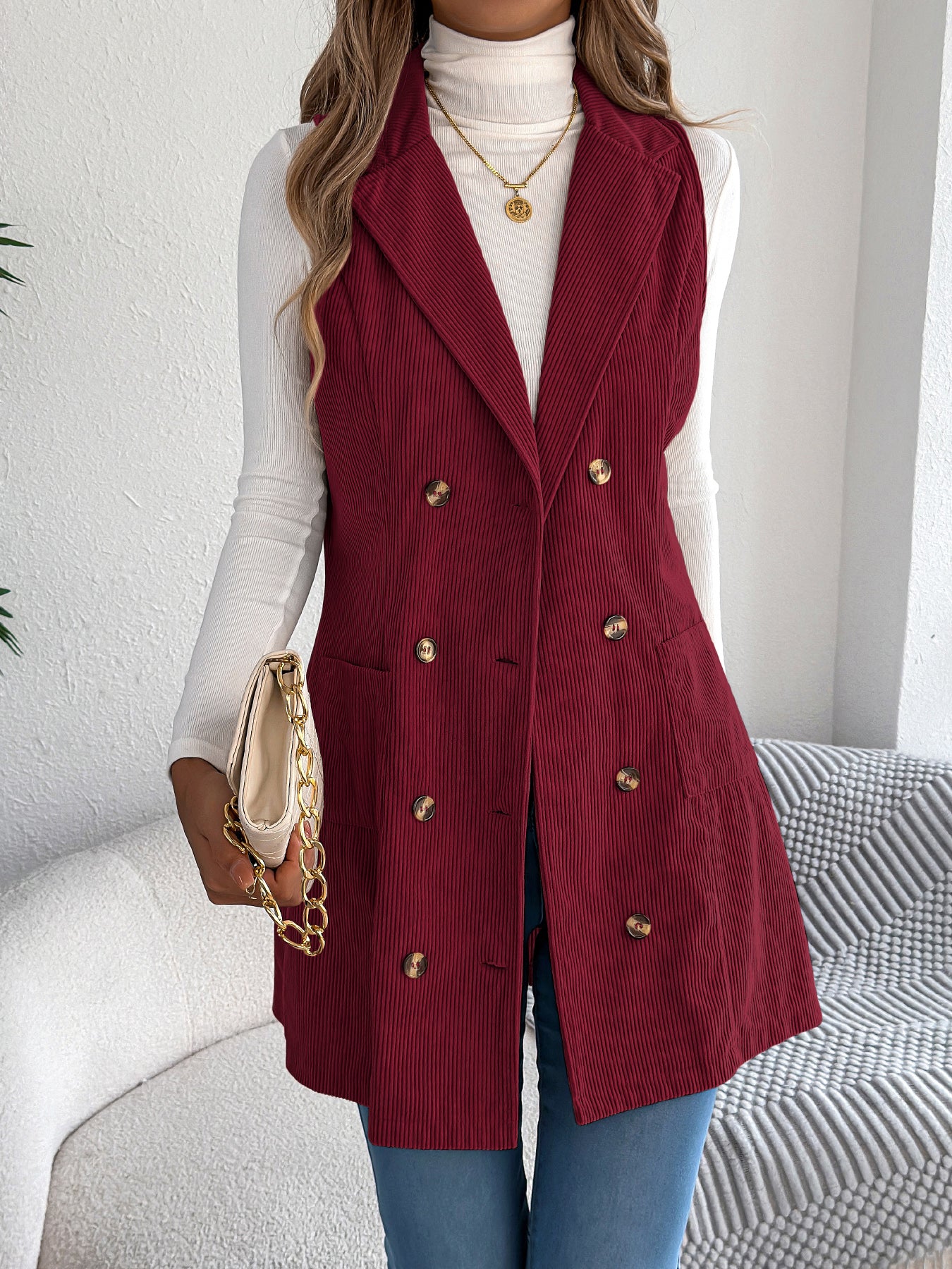 Women’s Solid Color Corduroy Long Vest Jacket – Double-Breasted Pocket Casual Layering Style