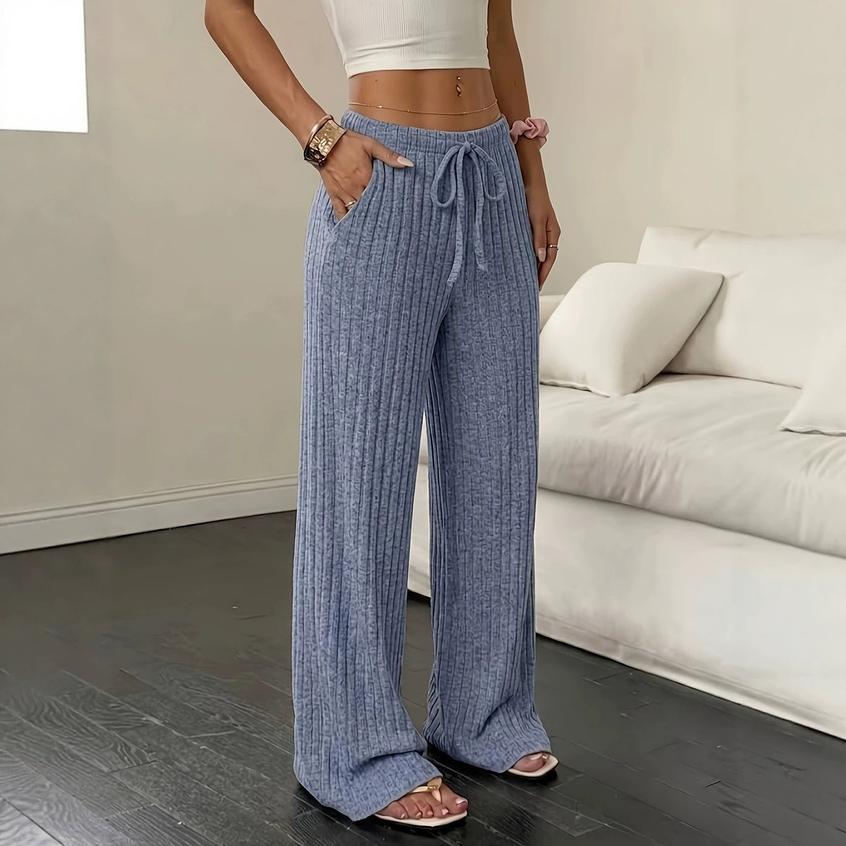 Women’s Wide-Leg Ribbed Knit Pants – Comfortable Casual Fit