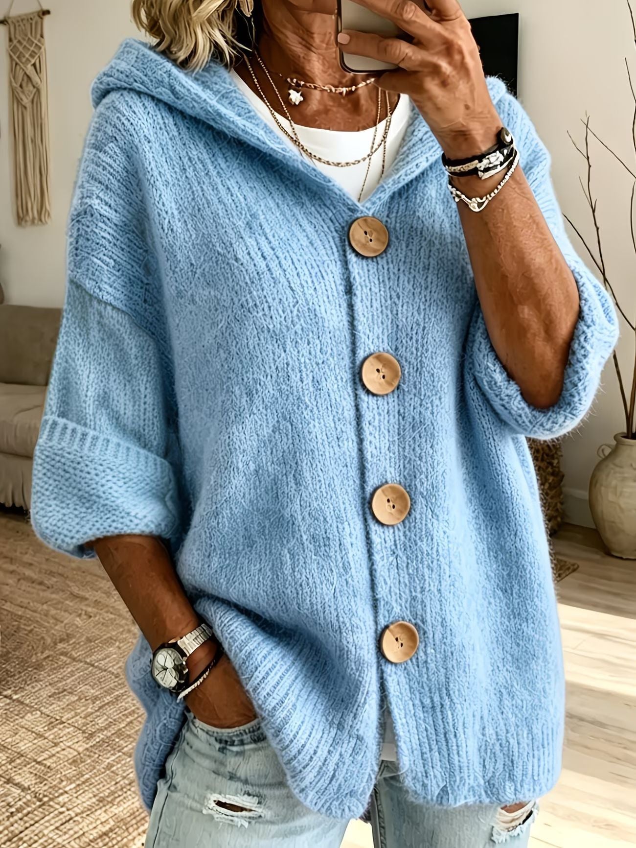 Women’s Solid Color Hooded Cardigan Sweater – Long Sleeve Button-Down Knit Casual Everyday Style