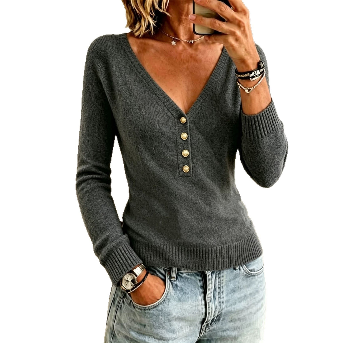 Women's Solid V-Neck Knit Sweater - Simple Soft Everyday Layer