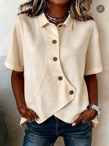 Women's Irregular-Button Blouse – Relaxed Short-Sleeve Everyday Top