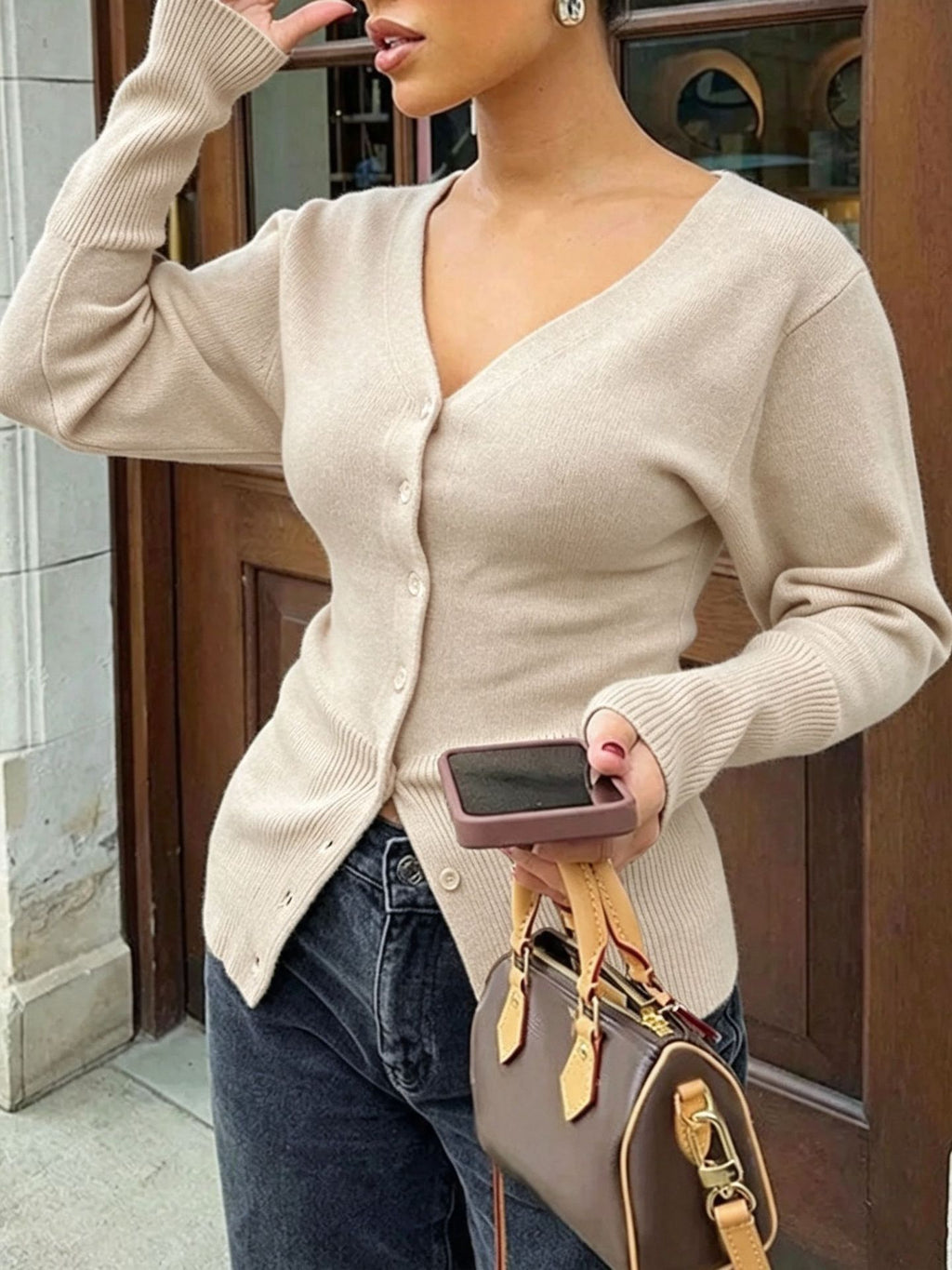 Slim-Fit V-Neck Knit Top - Soft and Shaped