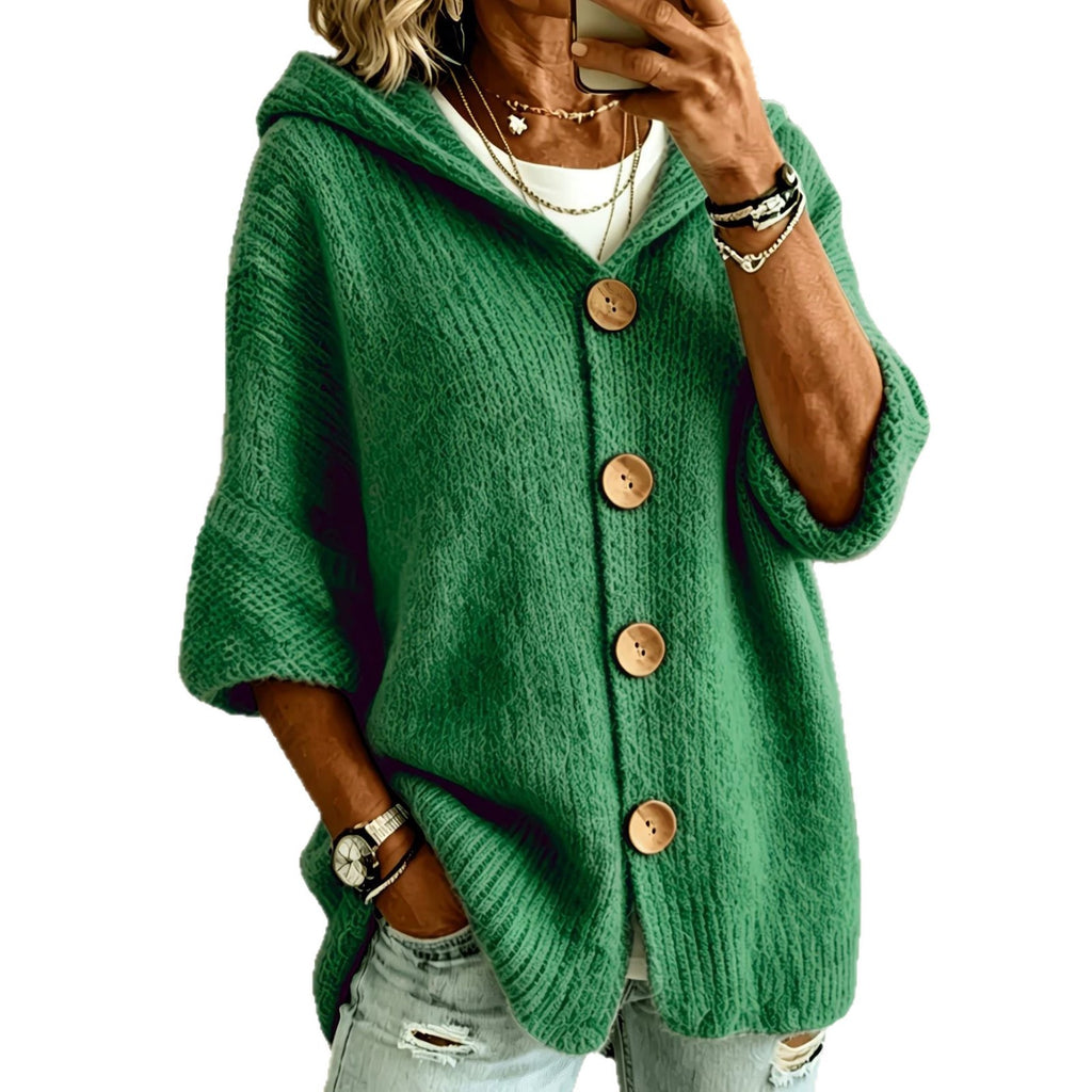 Women’s Solid Color Hooded Cardigan Sweater – Long Sleeve Button-Down Knit Casual Everyday Style