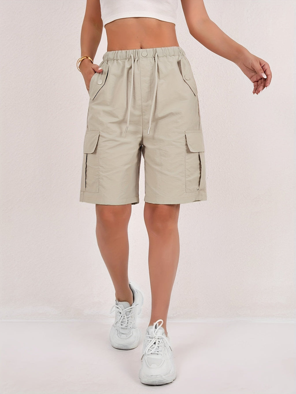 Women's Pink High-Waisted Drawstring Cargo Bermuda Shorts