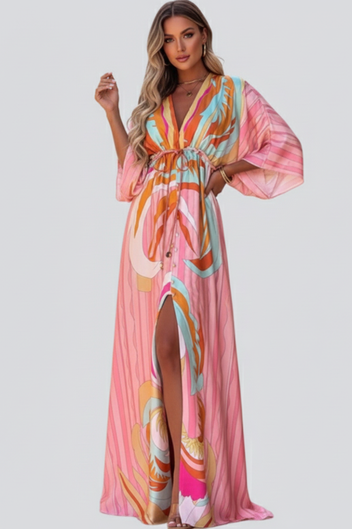 Women's Abstract Print V-Neck Long Dress - Belted Button Front Maxi Dress