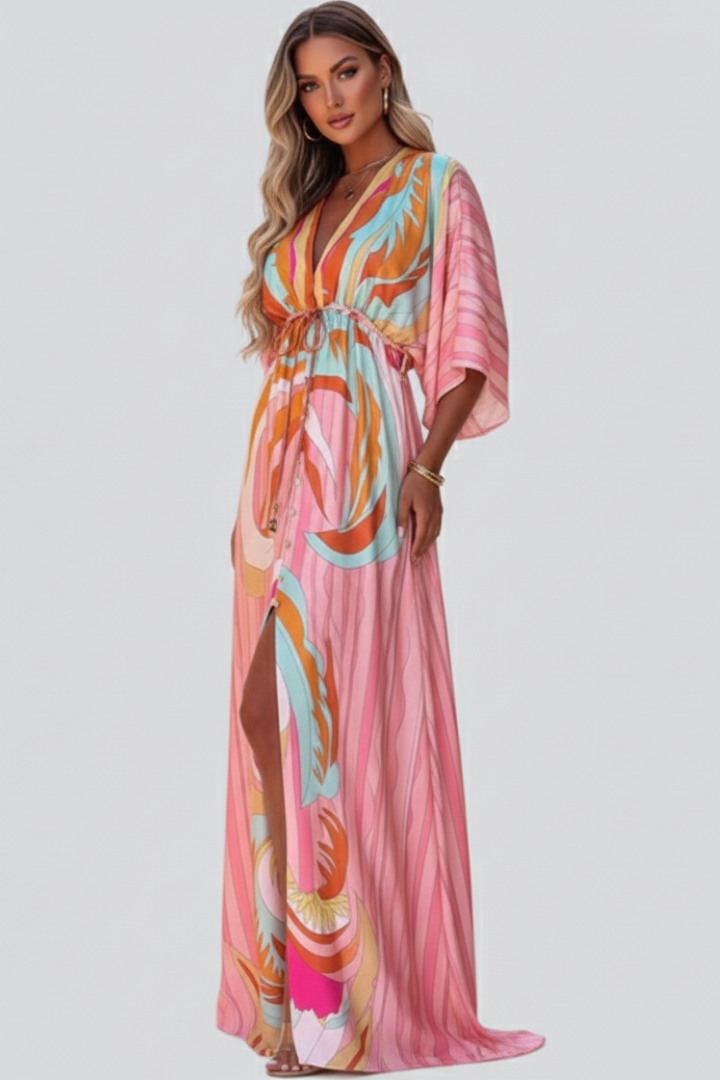 Women's Abstract Print V-Neck Long Dress - Belted Button Front Maxi Dress