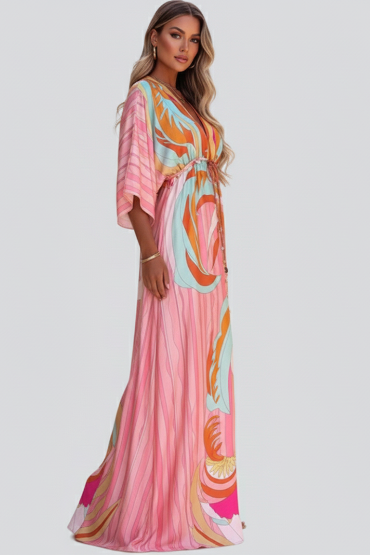 Women's Abstract Print V-Neck Long Dress - Belted Button Front Maxi Dress