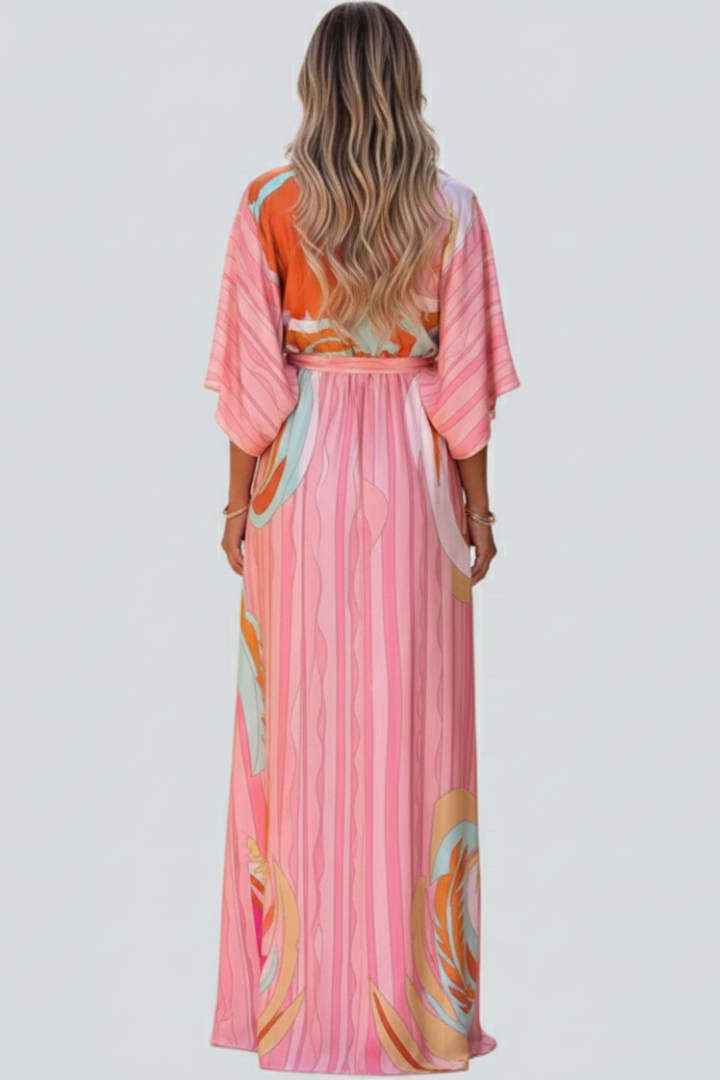 Women's Abstract Print V-Neck Long Dress - Belted Button Front Maxi Dress