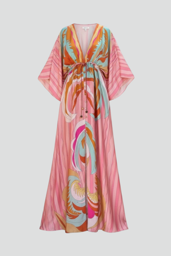 Women's Abstract Print V-Neck Long Dress - Belted Button Front Maxi Dress