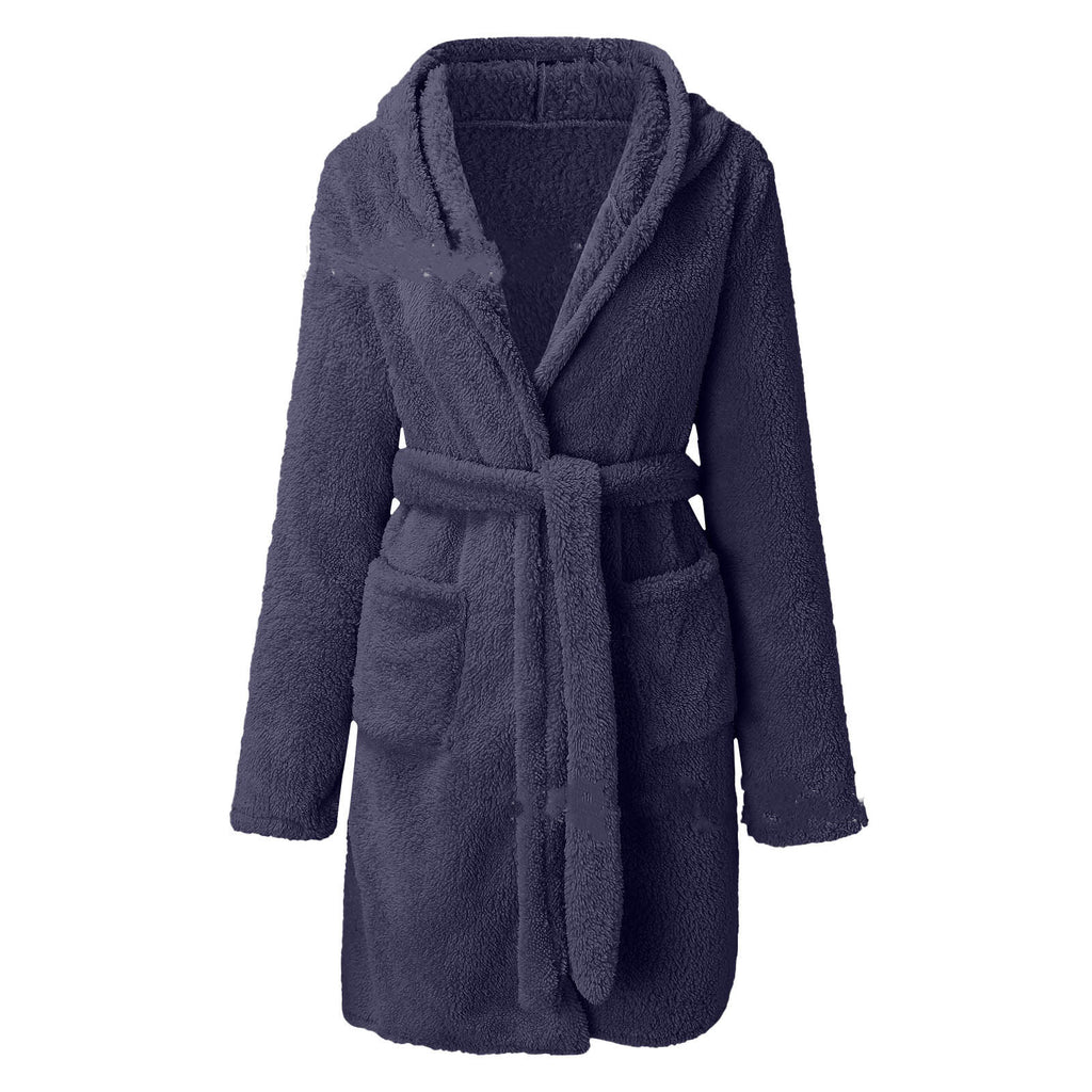 Women’s Short Hooded Bathrobe – Elegant Solid-Color Cozy Home Robe
