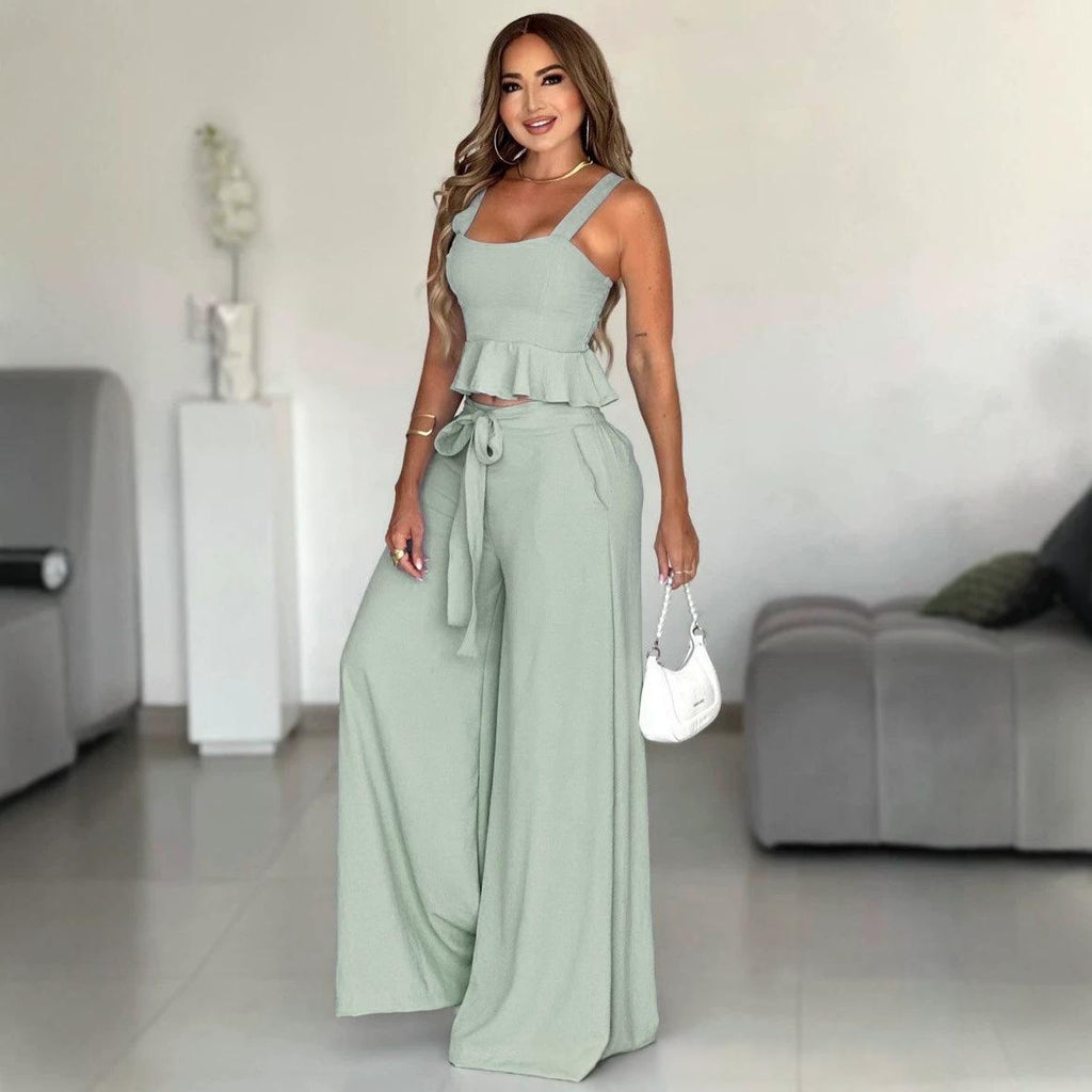 Women's Pleated Two-Piece Set - Strapless Top and Wide Leg Pants