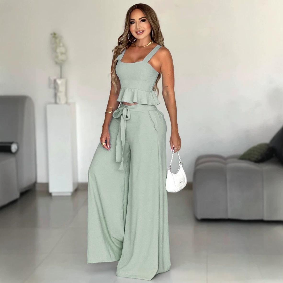 Women's Pleated Two-Piece Set - Strapless Top and Wide Leg Pants