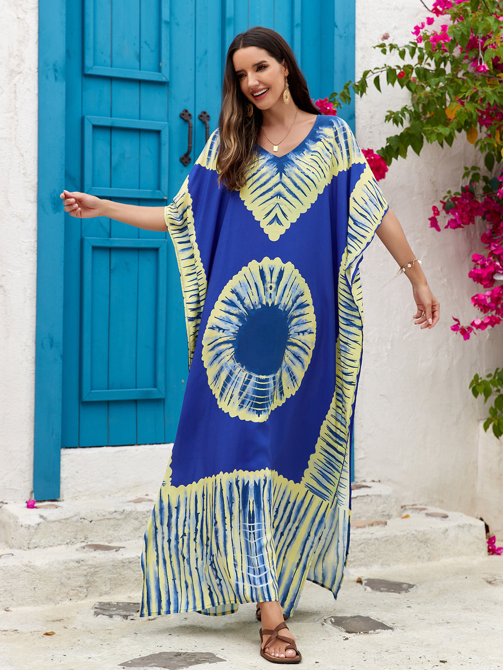 Women's Printed V-Neck Maxi Holiday Dress - Relaxed One Size Daywear