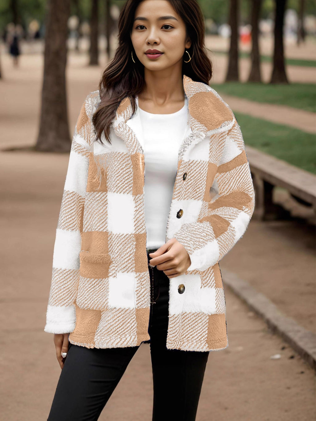 Plaid Plush Coat With Pockets - Warm and Practical