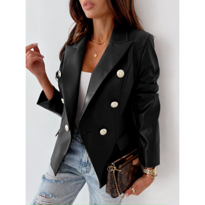 Women’s Long Sleeve Double-Breasted PU Leather Blazer – Chic Elegant Casual Formal Style