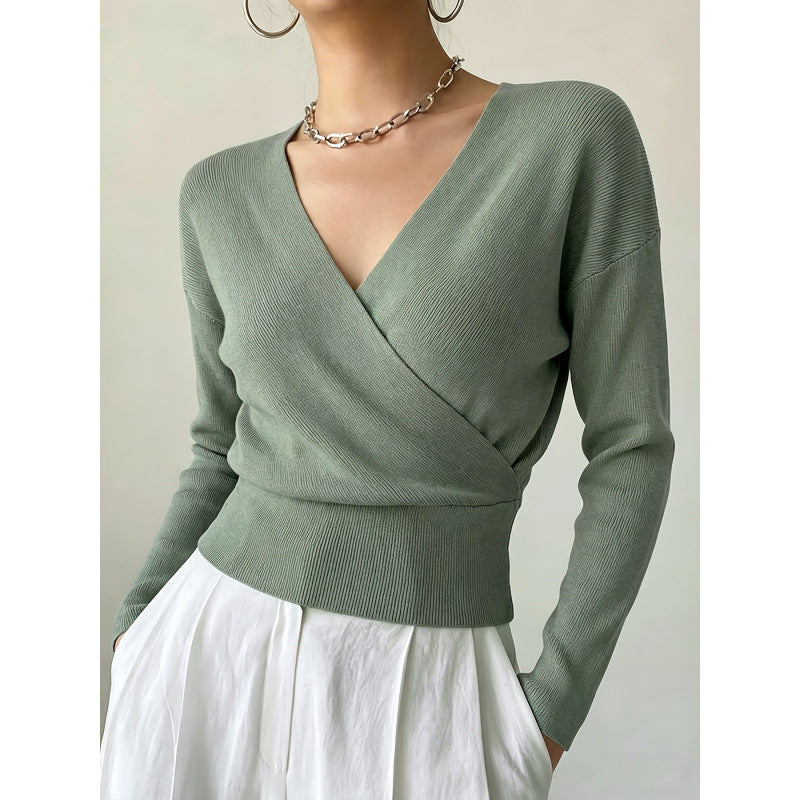 Cross-Neck Waist-Cinching Knit Sweater - Soft and Shaped