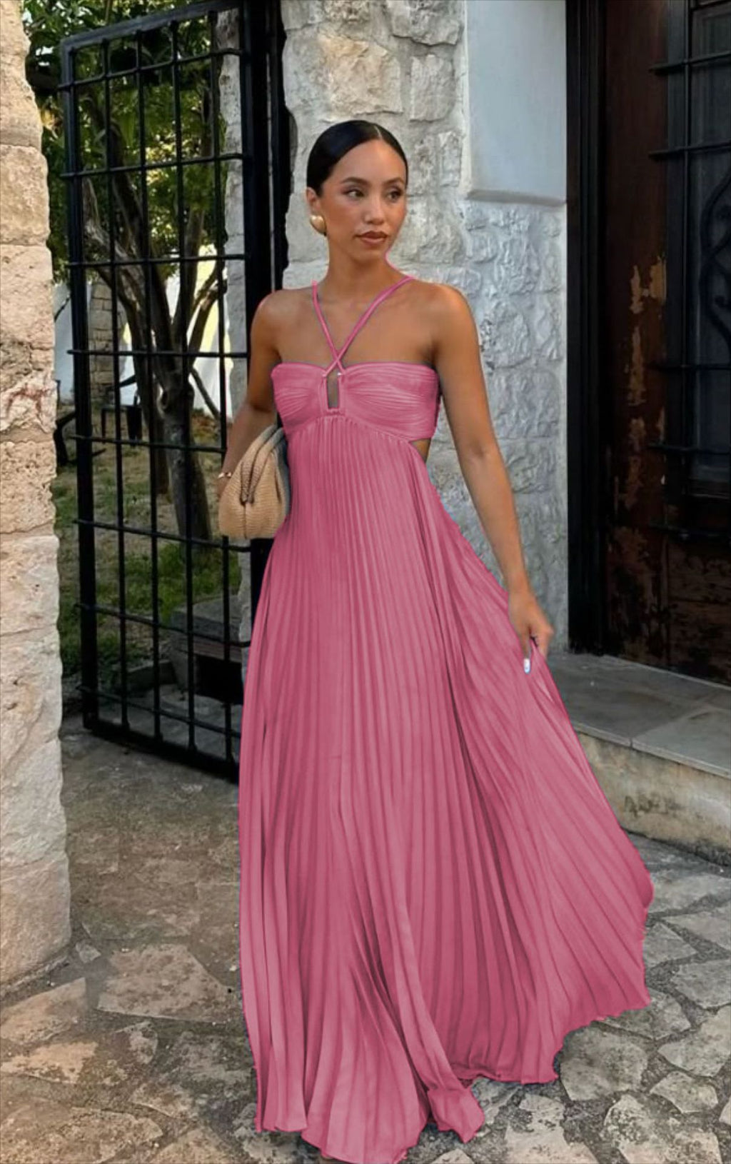 Women's Pleated Sleeveless Halter Dress – Elegant Evening Party Style