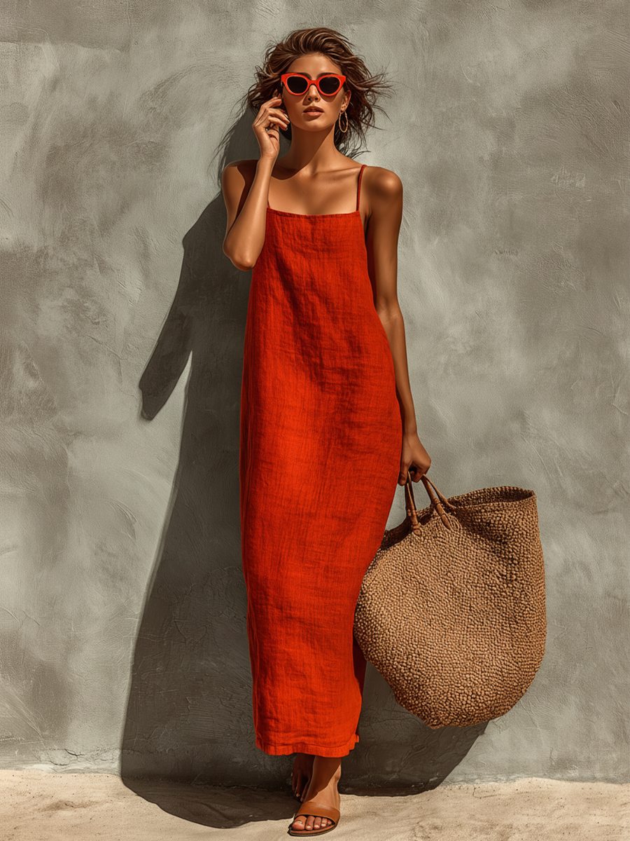 Women's Red Linen Maxi Dress - Square Neck Strappy Resort Style