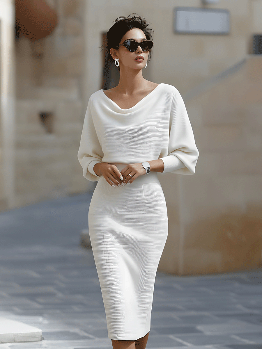Women's Draped Batwing Sleeve Midi Dress – Elegant Occasion Dress