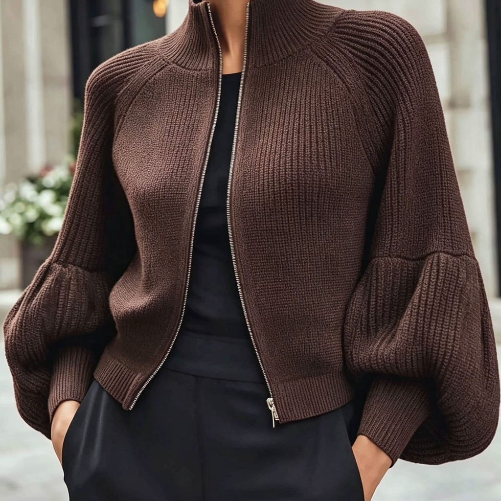 Women’s Zip-Up Puff-Sleeve Cardigan – Modern Cozy Layer