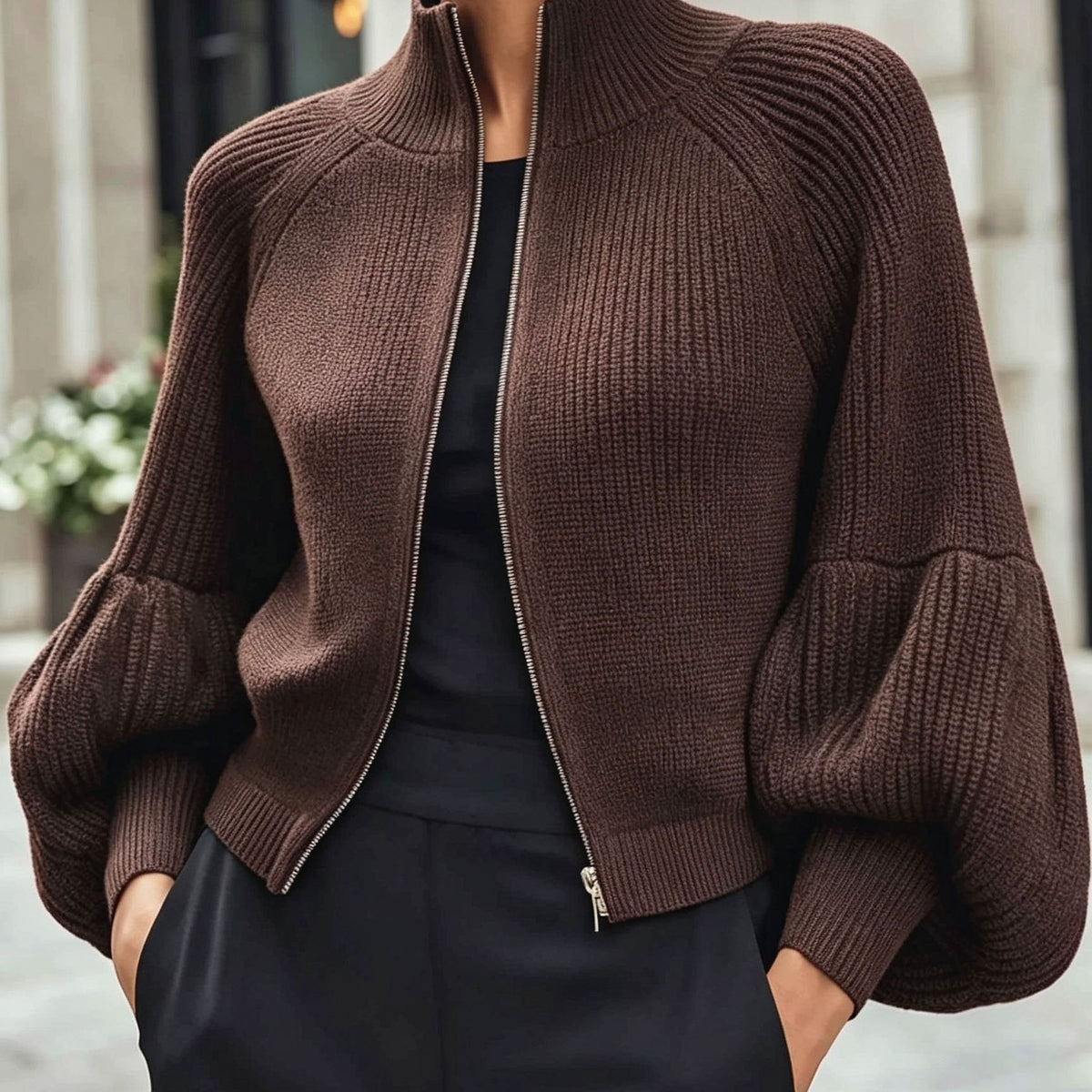Women’s Zip-Up Puff-Sleeve Cardigan – Modern Cozy Layer