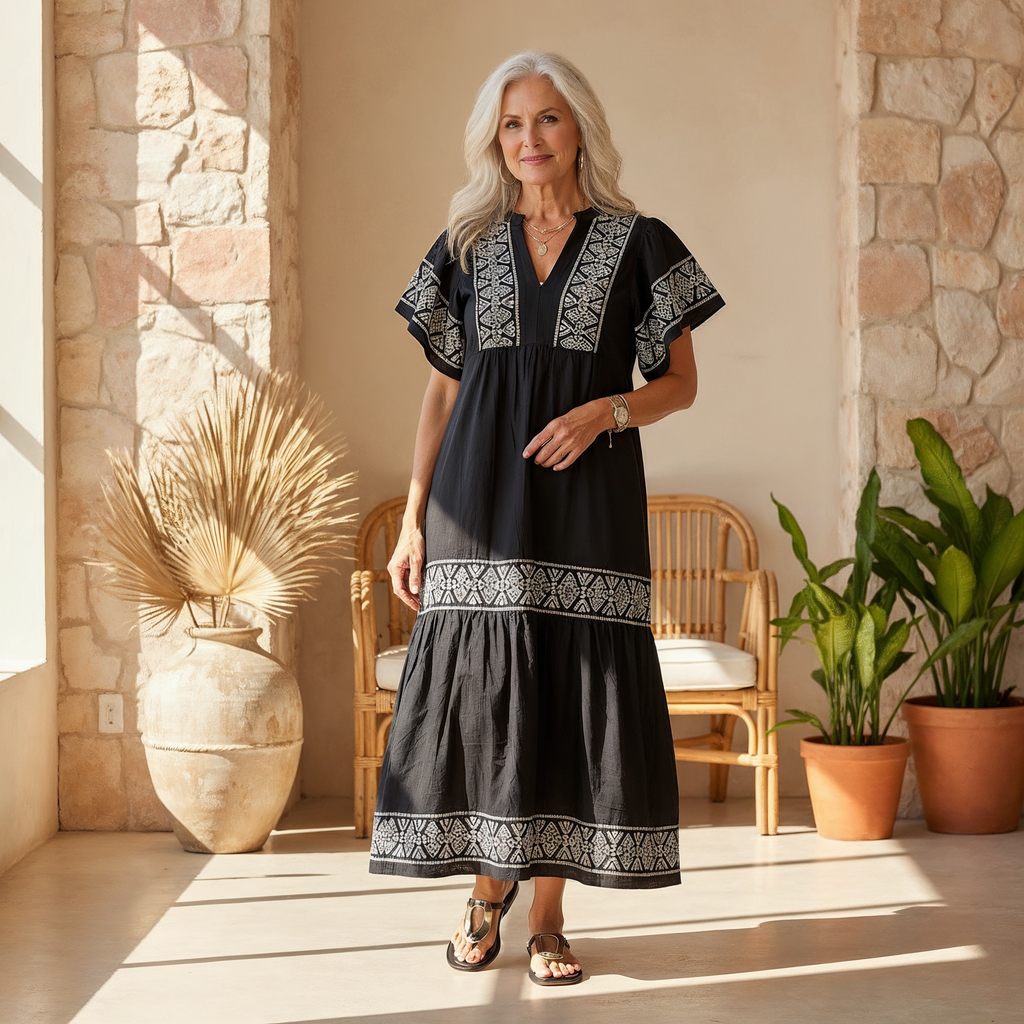 Women's Embroidered V Neck Boho Maxi Dress – Flowy Vacation Dress