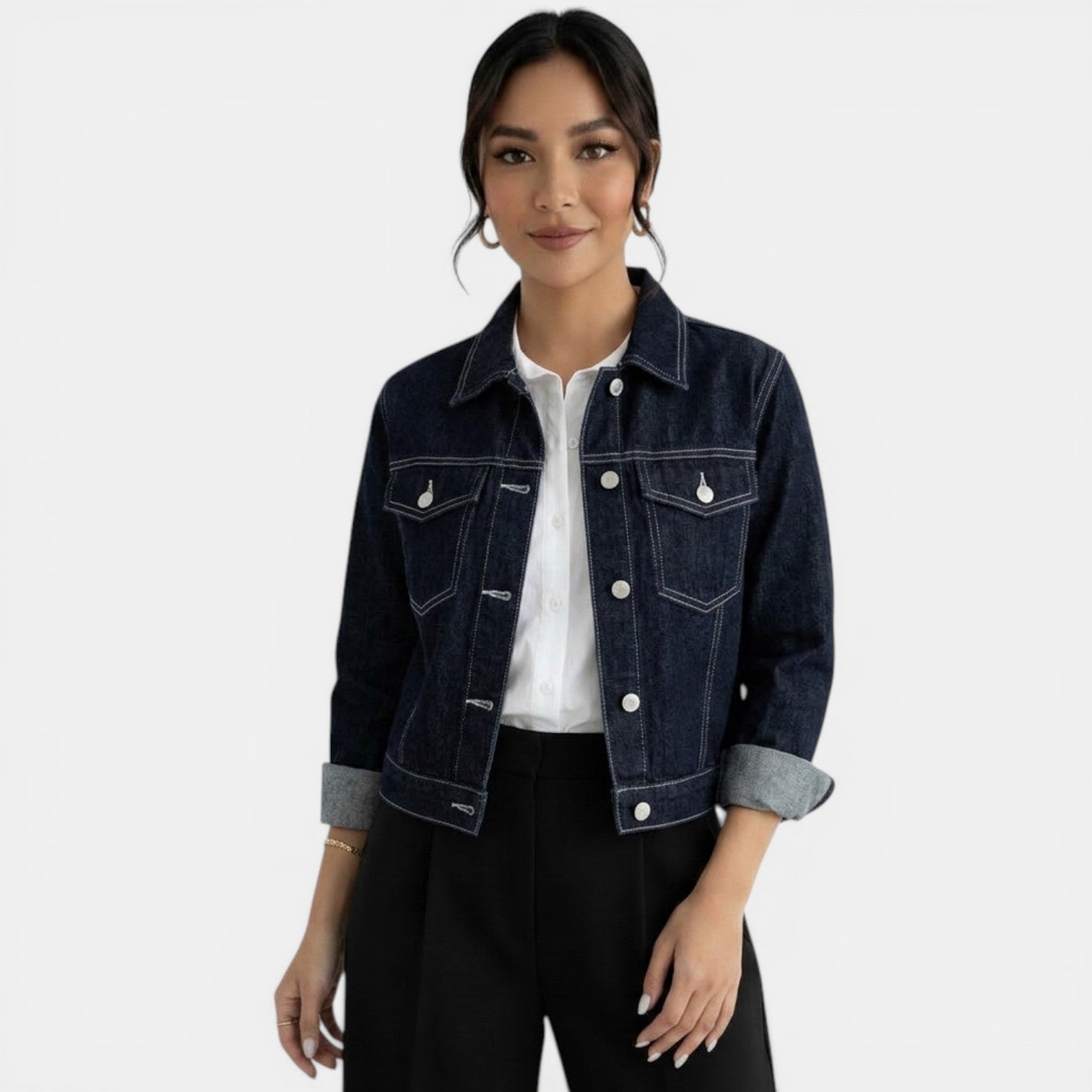 Women's Cropped Blue Denim Jacket - Casual Short Layering Piece