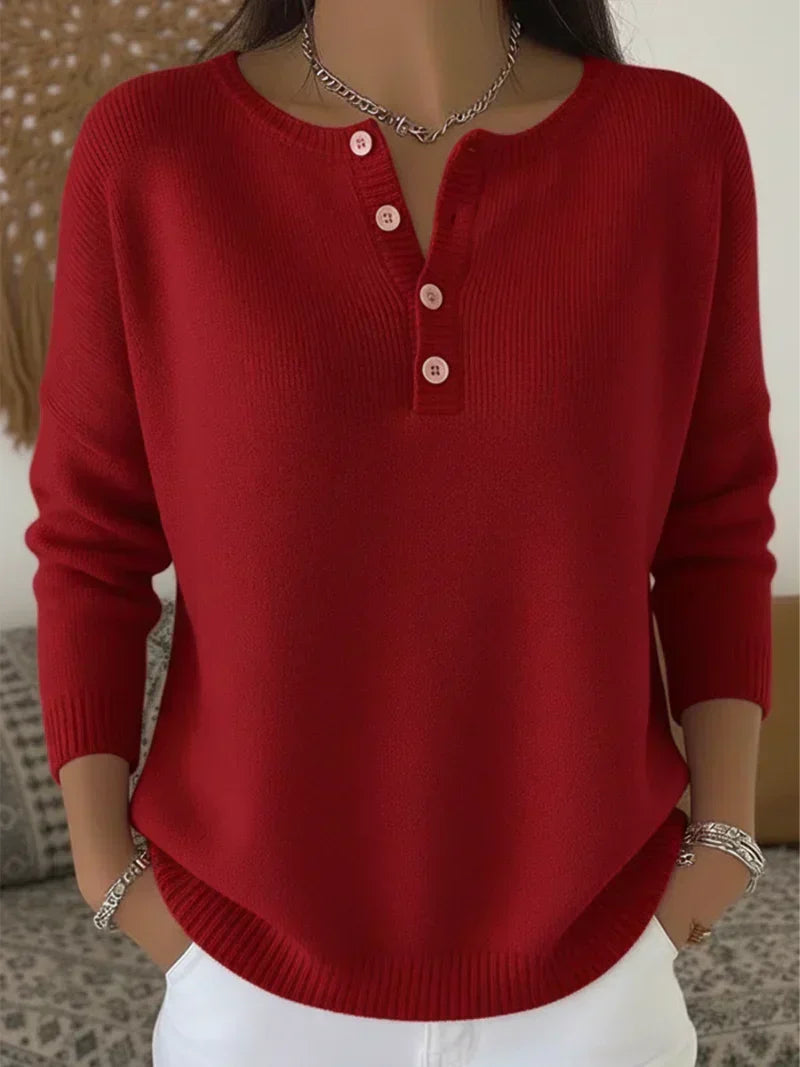 Women's Henley Button Knit Sweater - Soft Casual Everyday Style